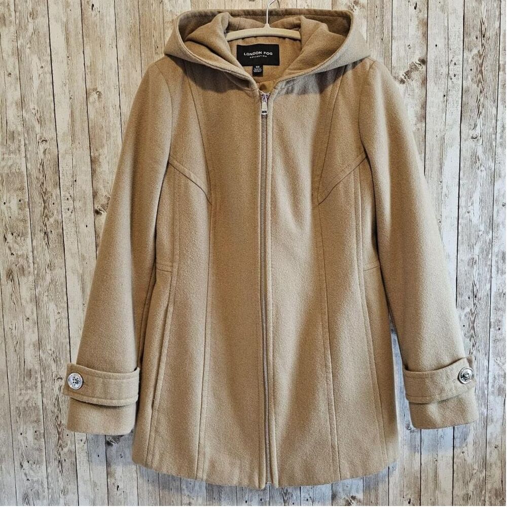 London Fog Hooded Zip Front Wool Blend Coat XS Tan Color